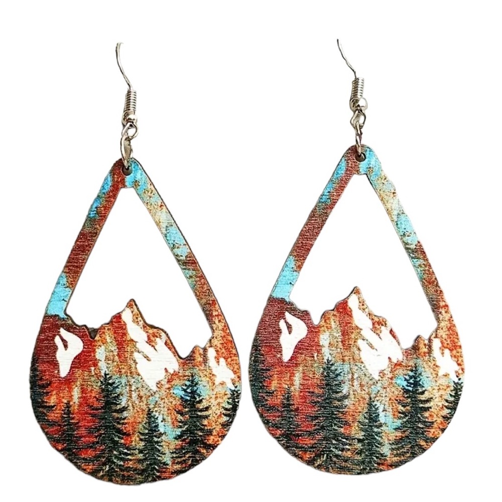 Cut Wooden Mountain Scene Drop Earrings